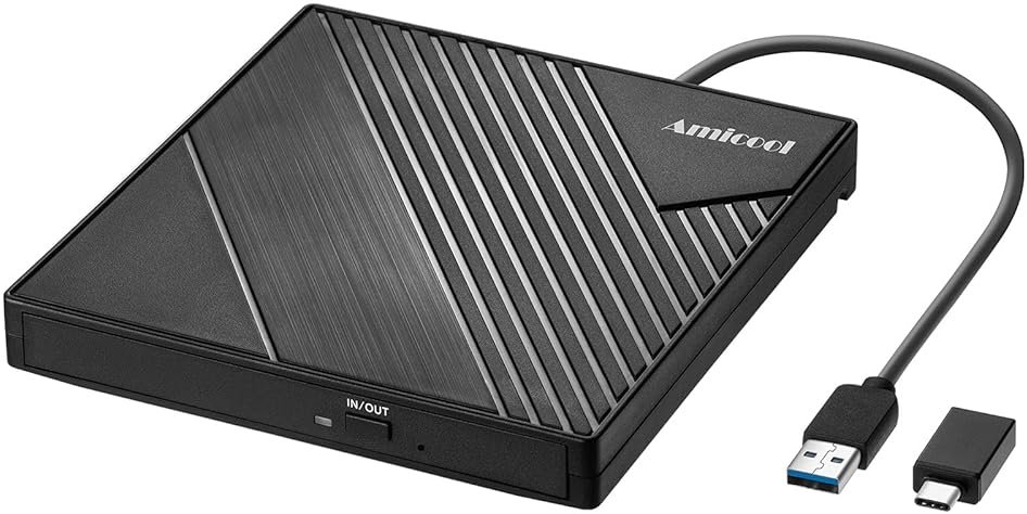 Amicool External DVD Drive USB 3.0 USB C CD Burner CD/DVD +/-RW Optical Drive, Slim Portable DVD Player CD ROM Rewriter Writer Reader for Laptop Desktop PC Windows 11/10/8/7 MacBook Mac Linux OS Apple - Product Image