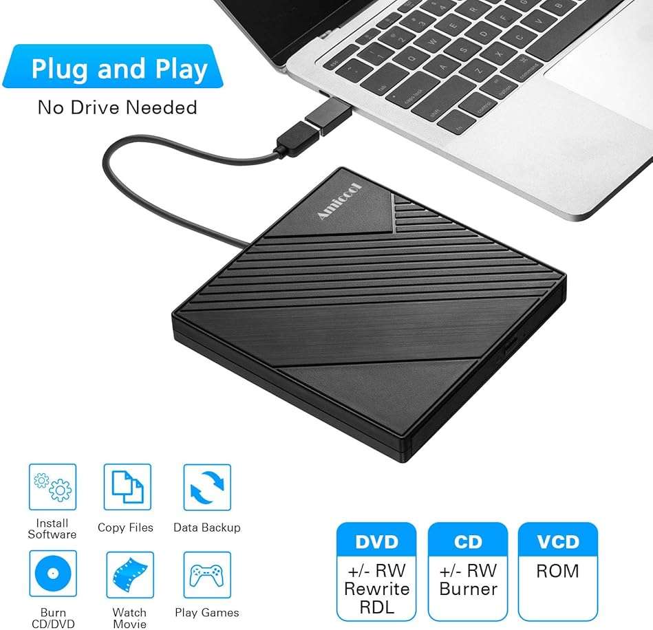 Amicool External DVD Drive USB 3.0 USB C CD Burner CD/DVD +/-RW Optical Drive, Slim Portable DVD Player CD ROM Rewriter Writer Reader for Laptop Desktop PC Windows 11/10/8/7 MacBook Mac Linux OS Apple - Image 2
