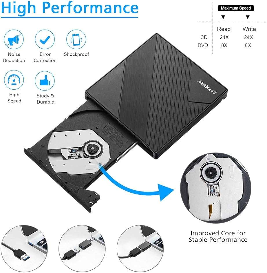 Amicool External DVD Drive USB 3.0 USB C CD Burner CD/DVD +/-RW Optical Drive, Slim Portable DVD Player CD ROM Rewriter Writer Reader for Laptop Desktop PC Windows 11/10/8/7 MacBook Mac Linux OS Apple - Image 4