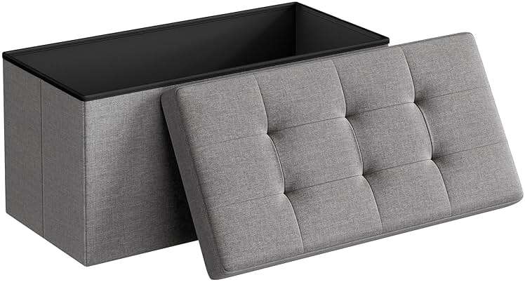 SONGMICS MAZIE Collection - 30 Inches Folding Storage Ottoman Bench, Ottoman Foot Rest, End of Bed Bench, Storage Chest, Load 660 lb, for Living Room, Bedroom, Entryway, Light Gray ULSF47G - Image 1