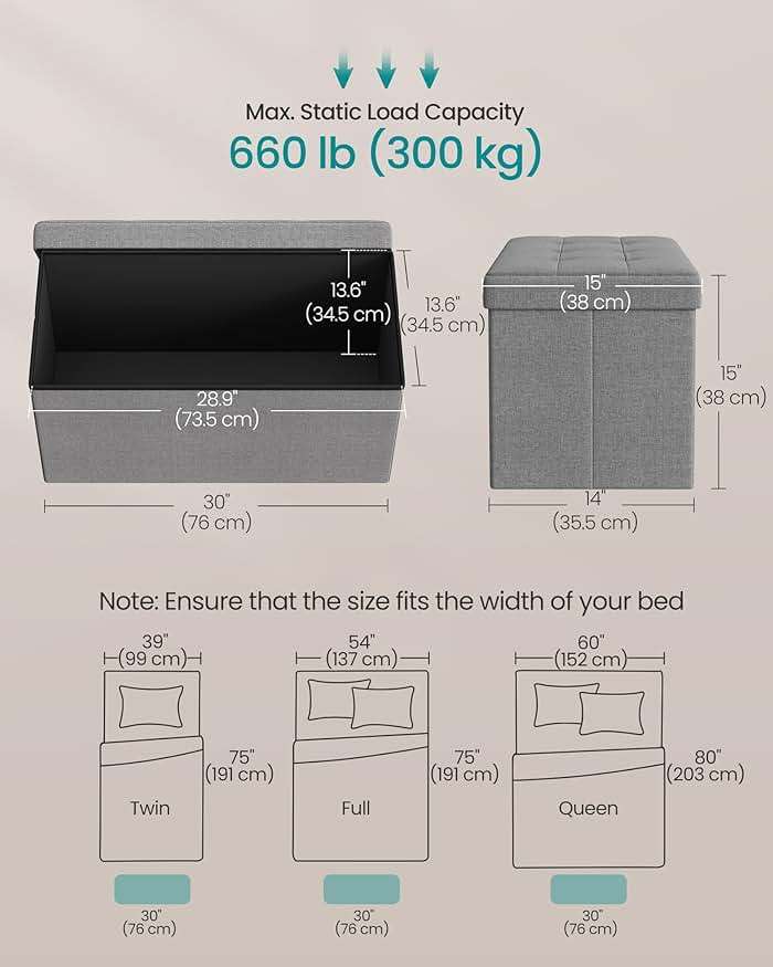 SONGMICS MAZIE Collection - 30 Inches Folding Storage Ottoman Bench, Ottoman Foot Rest, End of Bed Bench, Storage Chest, Load 660 lb, for Living Room, Bedroom, Entryway, Light Gray ULSF47G - Image 3