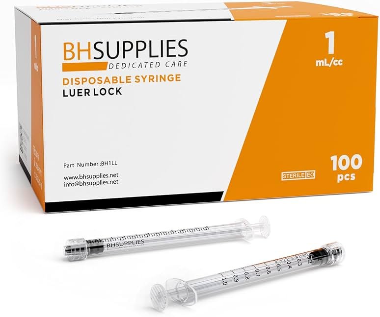 BH Supplies 1ml Luer Lock Tip Syringes (No Needle) - Sterile, Individually Wrapped - 100 Syringes - Product Image