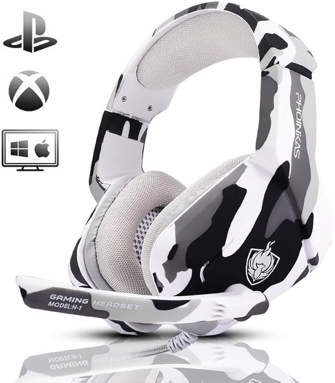 PHOINIKAS Gaming Headset for PS4, Xbox One, PC, Laptop, Mac, Nintendo Switch, 3.5MM PS4 Stereo Headset Over Ear Headphones with Noise-Cancelling Mic, Bass Surround - Camo - Product Image