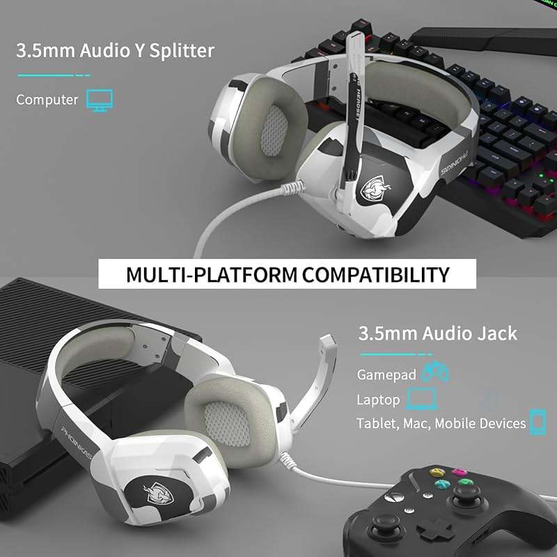 PHOINIKAS Gaming Headset for PS4, Xbox One, PC, Laptop, Mac, Nintendo Switch, 3.5MM PS4 Stereo Headset Over Ear Headphones with Noise-Cancelling Mic, Bass Surround - Camo - Image 2