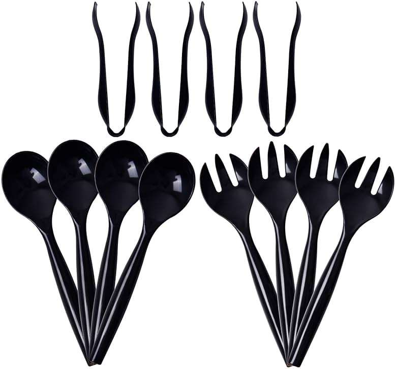 Supernal 72pcs Plastic Serving Utensils Heavy Duty Disposable Serving Tongs Black Disposable Serving Set 10" Spoons 10" Forks 6" Tongs Each 24pcs - Image 1