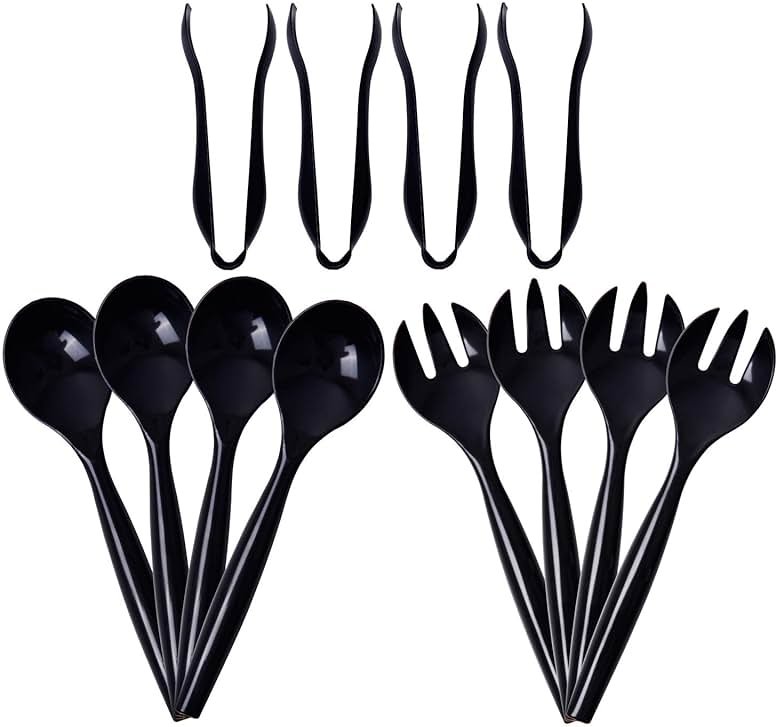 Supernal 72pcs Plastic Serving Utensils Heavy Duty Disposable Serving Tongs Black Disposable Serving Set 10" Spoons 10" Forks 6" Tongs Each 24pcs - Product Image