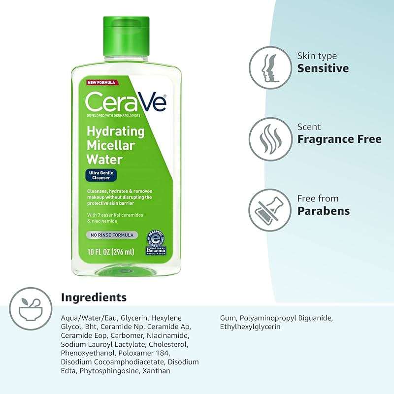 CeraVe Micellar Water, Hydrating Facial Cleanser & Eye Makeup Remover with Niacinamide, Ceramides & Glycerin, Fragrance-Free & Non-Irritating, 10 Fluid Ounces - Image 7