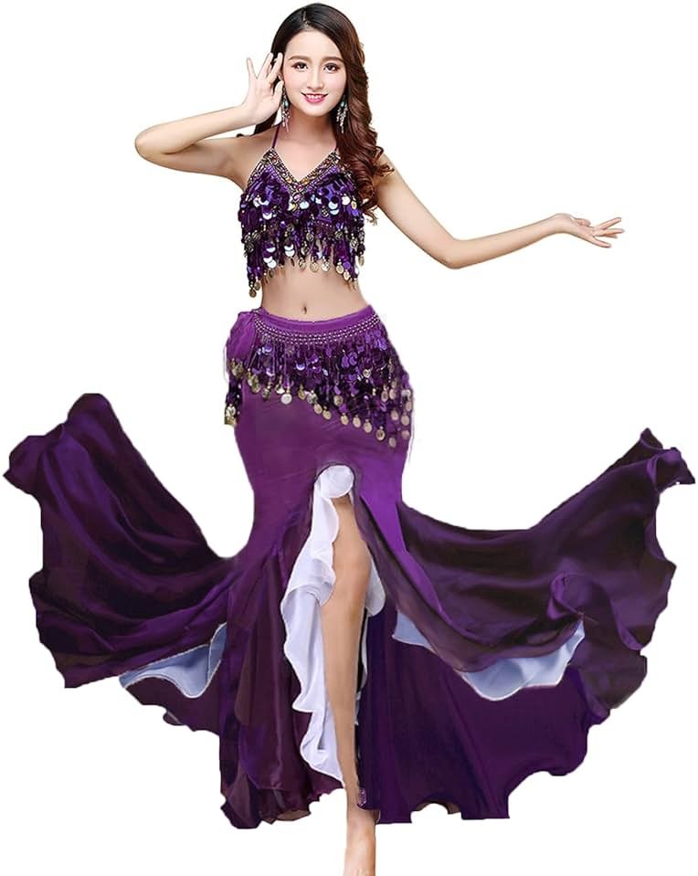 ORIDOOR Women's Belly Dance Dress Belly Crop Top Bra Top and Belt Chiffon Dancing Split Skirt Costume 3-Piece Outfit - Product Image