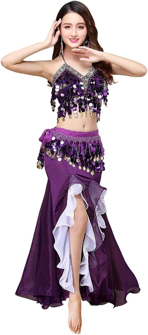 ORIDOOR Women's Belly Dance Dress Belly Crop Top Bra Top and Belt Chiffon Dancing Split Skirt Costume 3-Piece Outfit - Image 2