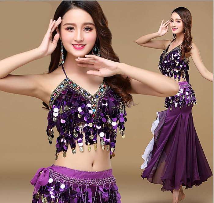 ORIDOOR Women's Belly Dance Dress Belly Crop Top Bra Top and Belt Chiffon Dancing Split Skirt Costume 3-Piece Outfit - Image 3