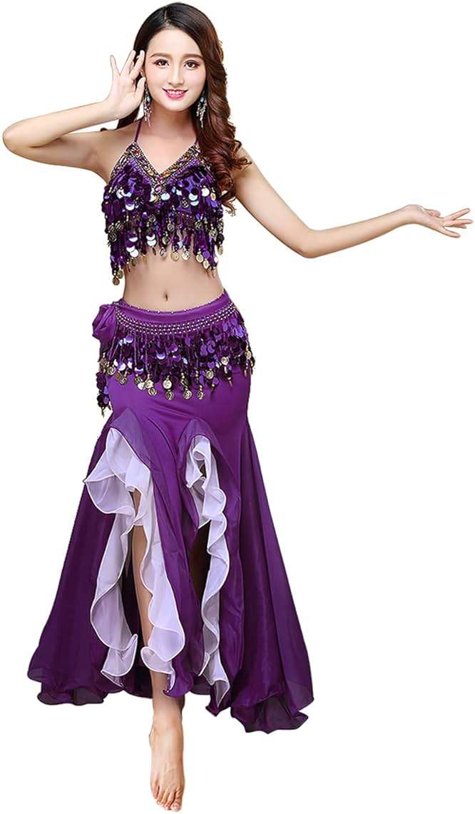 ORIDOOR Women's Belly Dance Dress Belly Crop Top Bra Top and Belt Chiffon Dancing Split Skirt Costume 3-Piece Outfit - Image 5