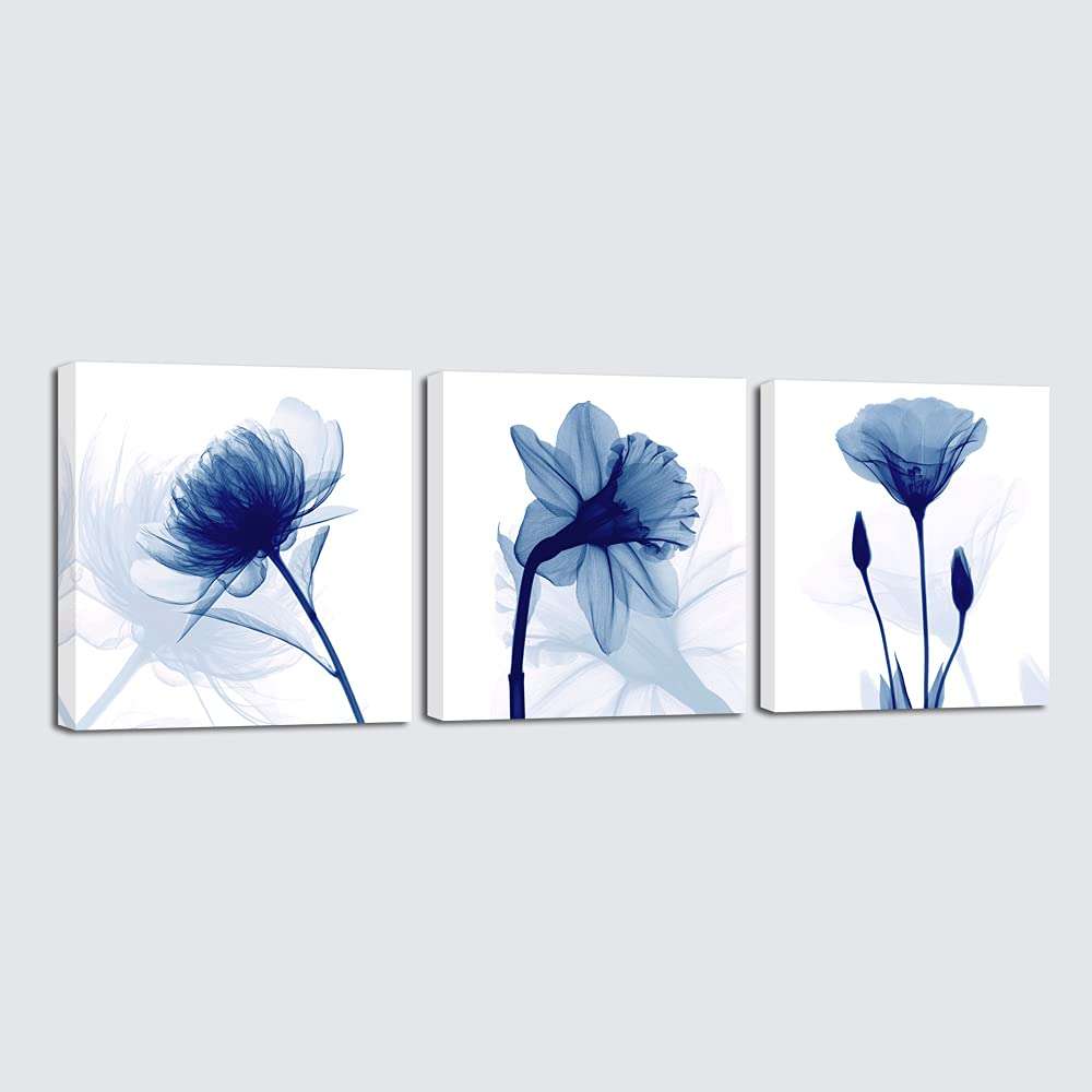 Wieco Art Blue Abstract Flowers 3 Panels Giclee Canvas Prints Wall Art Modern Pictures Artwork for Living Room Bedroom and Home Decorations - Image 1