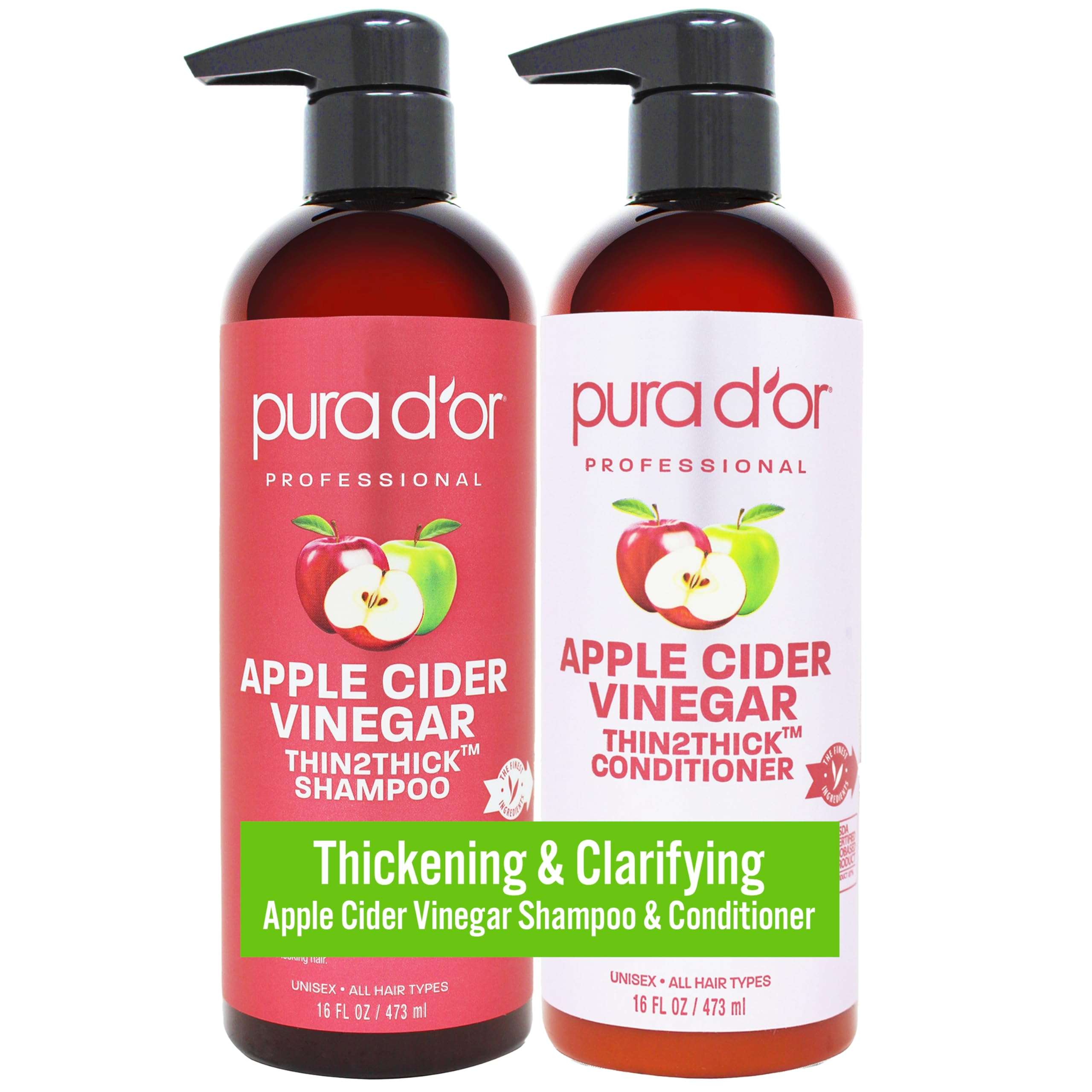 PURA D'OR Apple Cider Vinegar Thin2Thick Set (16oz x 2) ACV Shampoo & Conditioner, Clarifying - Biotin, Keratin, Caffeine, Castor Oil, Aloe - All Hair Types, Men & Women (Packaging may vary) - Image 1