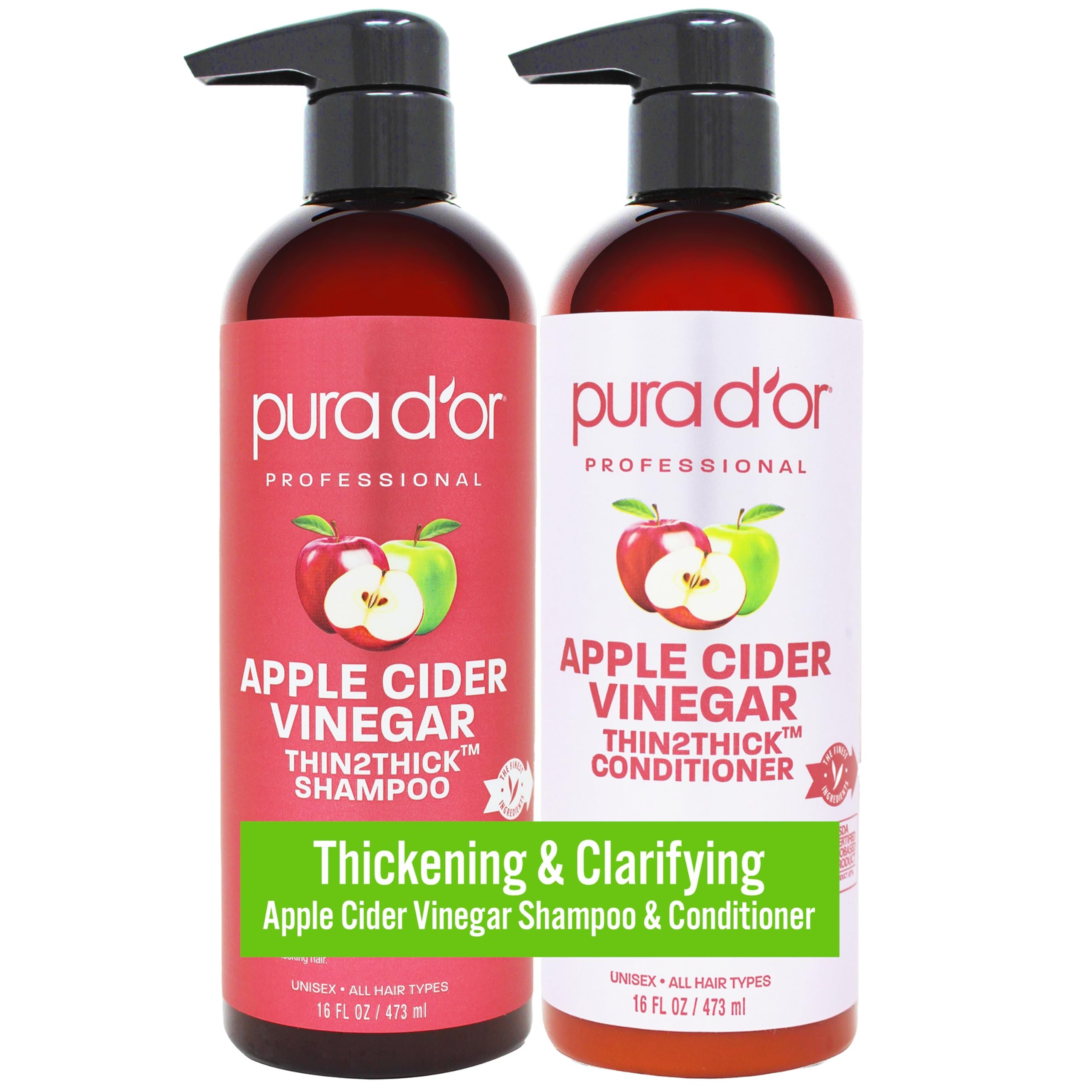 PURA D'OR Apple Cider Vinegar Thin2Thick Set (16oz x 2) ACV Shampoo & Conditioner, Clarifying - Biotin, Keratin, Caffeine, Castor Oil, Aloe - All Hair Types, Men & Women (Packaging may vary) - Product Image