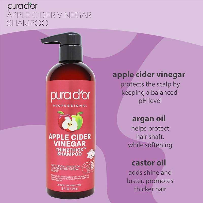 PURA D'OR Apple Cider Vinegar Thin2Thick Set (16oz x 2) ACV Shampoo & Conditioner, Clarifying - Biotin, Keratin, Caffeine, Castor Oil, Aloe - All Hair Types, Men & Women (Packaging may vary) - Image 3