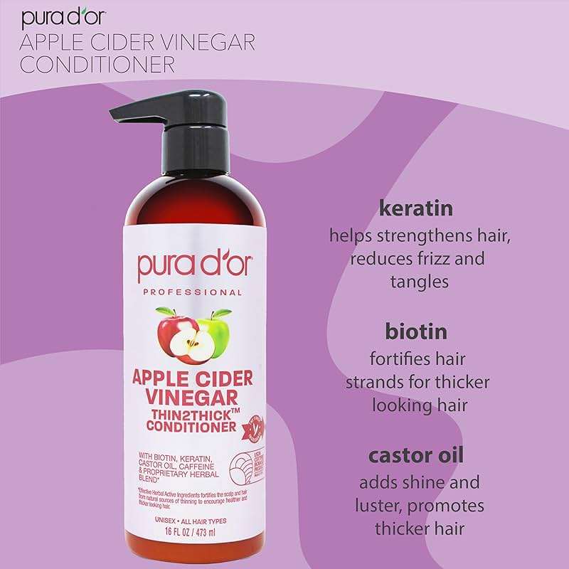 PURA D'OR Apple Cider Vinegar Thin2Thick Set (16oz x 2) ACV Shampoo & Conditioner, Clarifying - Biotin, Keratin, Caffeine, Castor Oil, Aloe - All Hair Types, Men & Women (Packaging may vary) - Image 4