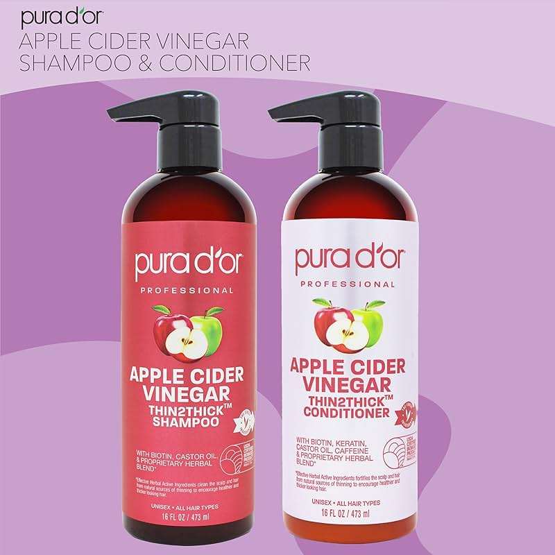 PURA D'OR Apple Cider Vinegar Thin2Thick Set (16oz x 2) ACV Shampoo & Conditioner, Clarifying - Biotin, Keratin, Caffeine, Castor Oil, Aloe - All Hair Types, Men & Women (Packaging may vary) - Image 5