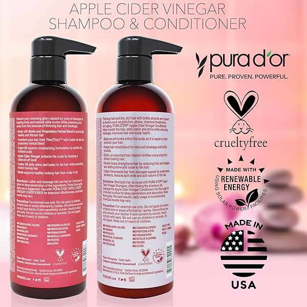 PURA D'OR Apple Cider Vinegar Thin2Thick Set (16oz x 2) ACV Shampoo & Conditioner, Clarifying - Biotin, Keratin, Caffeine, Castor Oil, Aloe - All Hair Types, Men & Women (Packaging may vary) - Image 6