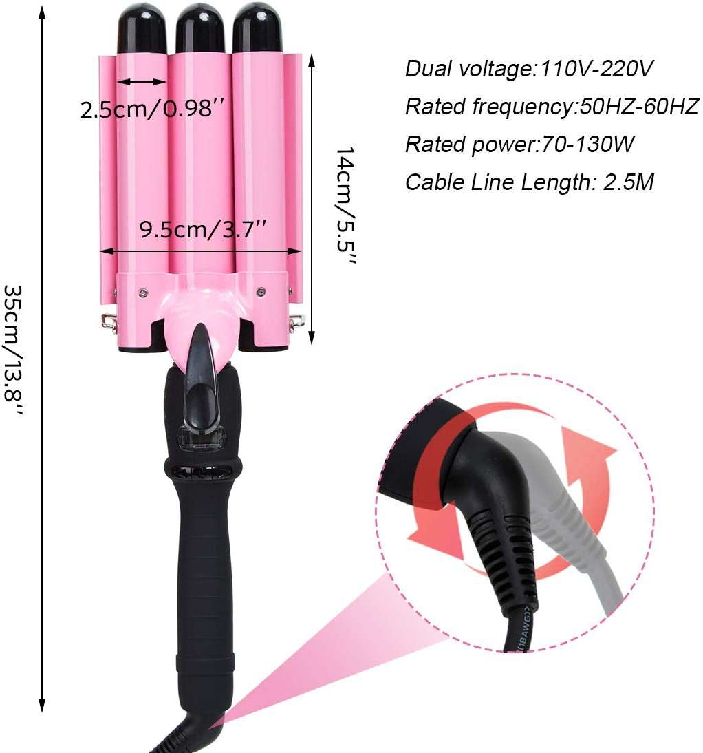 3 Triple Barrel Ceramic Tourmaline Curling Iron Wand with LCD Temperature Display - 1 Inch Crimping Waver, Dual Voltage - Image 2