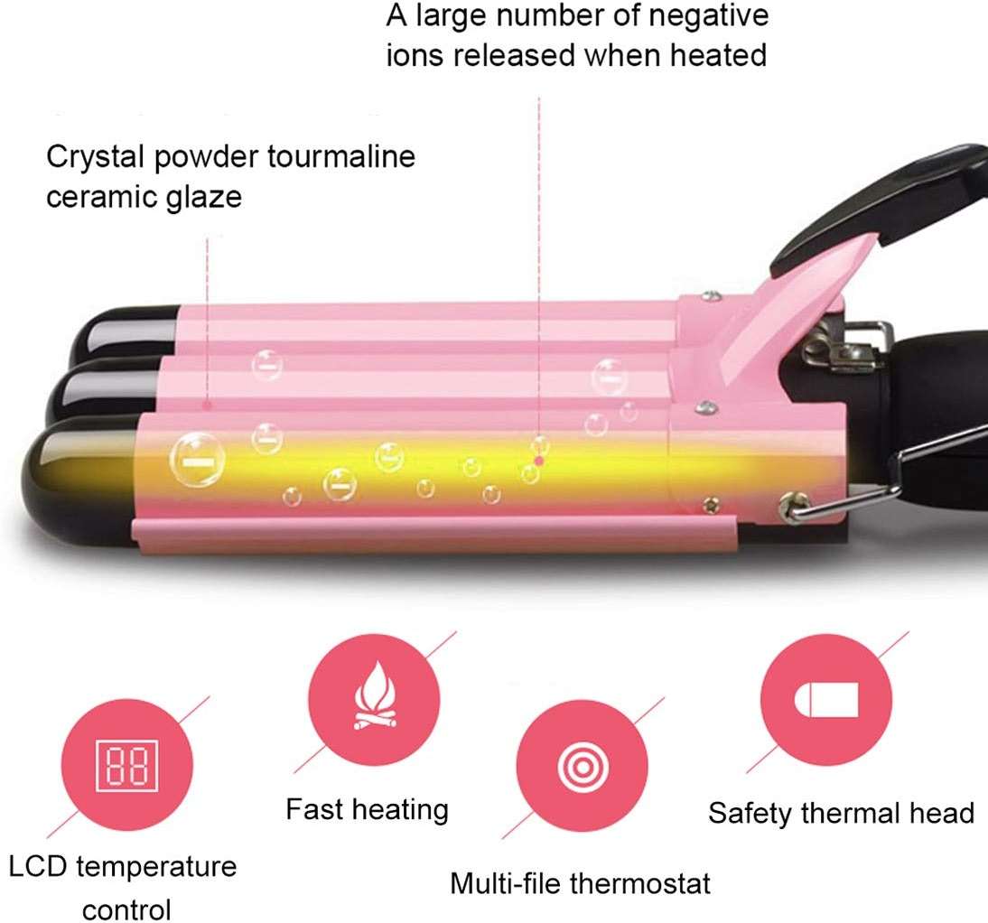3 Triple Barrel Ceramic Tourmaline Curling Iron Wand with LCD Temperature Display - 1 Inch Crimping Waver, Dual Voltage - Image 4