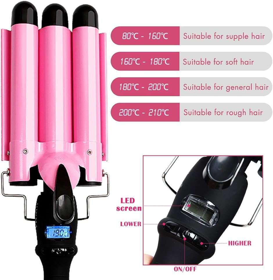 3 Triple Barrel Ceramic Tourmaline Curling Iron Wand with LCD Temperature Display - 1 Inch Crimping Waver, Dual Voltage - Image 5