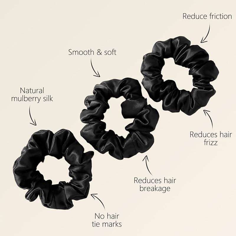ZIMASILK 100% Mulberry Silk Hair Scrunchies, Best For Women And Girls’ Hair 19 Momme Elastic Hair Bands for Ponytail Holder Gentle And No hurt (3 Pack, Black) - Image 3
