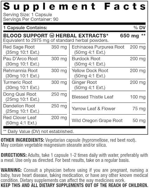 Blood Support - with Rehmannia, Dandelion, Red Clover, Burdock Yellow Dock, Echinacea & Pau D'Arco | Promotes Building, Cleansing, Nourishment & Circulation of Blood | Supplement - 90 Capsules - Image 2