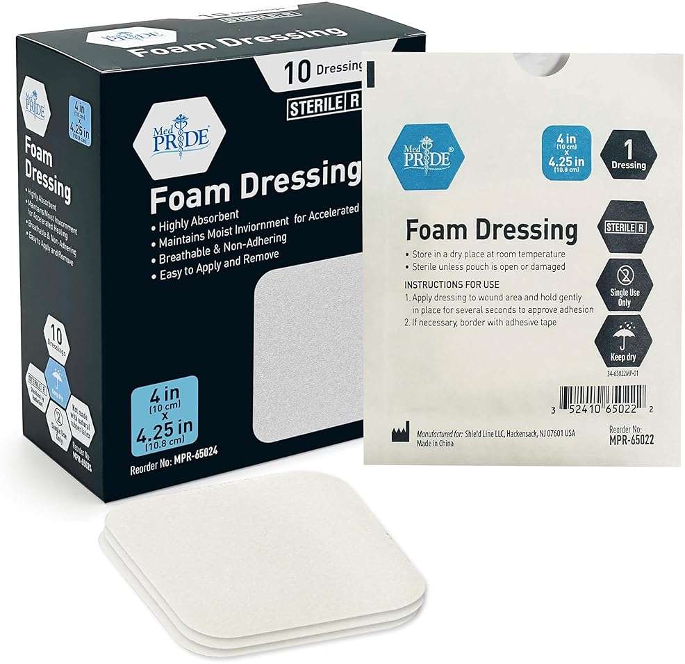 MED PRIDE Foam Dressings for Wounds 4x4in Sterile Non-Adhesive Pads Highly Absorbent Waterproof Medical Foam Padding (10 Count (Pack of 1)) - Image 1