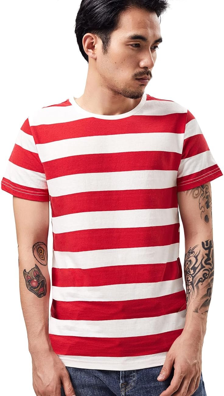 Wide Striped T Shirt for Men Sailor Tee Red White Black Navy Stripes Top Basic - Product Image
