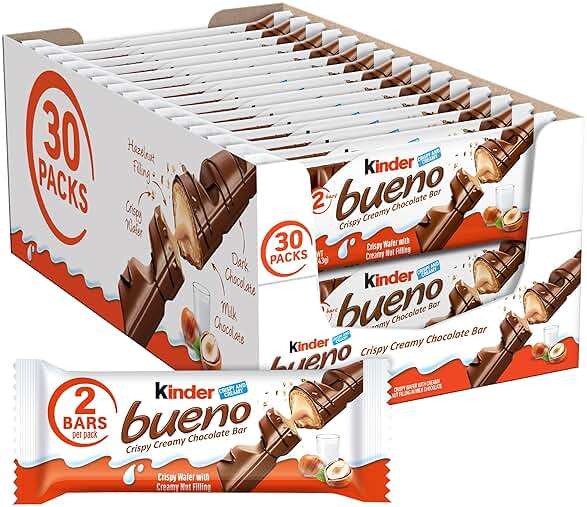 Kinder Bueno Milk Chocolate Bars with Hazelnut Filling, 30 Packs of 2, Bulk Chocolate Candy Bars for Game Day, Football Party Supplies, Snacks for Adults, 1.4 oz Per Pack - Image 1