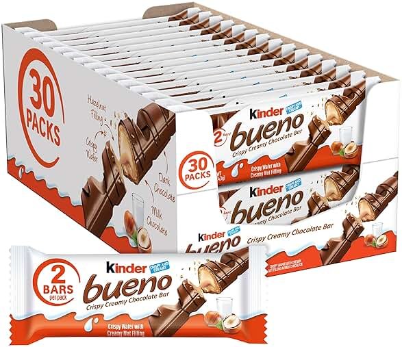 Kinder Bueno Milk Chocolate Bars with Hazelnut Filling, 30 Packs of 2, Bulk Chocolate Candy Bars for Game Day, Football Party Supplies, Snacks for Adults, 1.4 oz Per Pack - Product Image