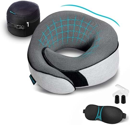Proglobe Travel Neck Pillows for Airplanes, Sleeping Essentials for Long haul Flights, 360° Head Support, Car and Airplane Kit with 3D Contoured Eye Mask, Earplugs and Luxury Mesh Bag (Adult, Grey) - Product Image