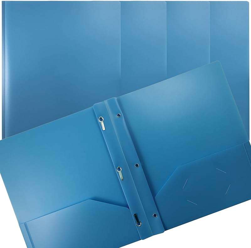 Better Office Products Light Blue Plastic 2 Pocket Folders with Prongs, 24 Pack, Heavyweight, Letter Size Poly Folders with 3 Metal Prongs Fastener Clips, Light Blue - Image 1