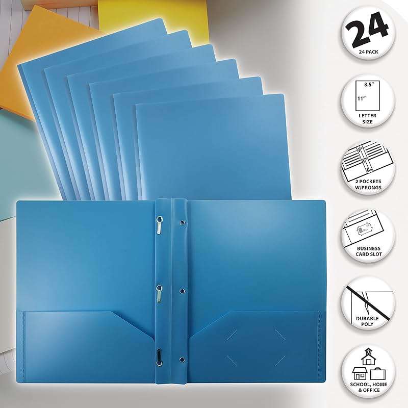 Better Office Products Light Blue Plastic 2 Pocket Folders with Prongs, 24 Pack, Heavyweight, Letter Size Poly Folders with 3 Metal Prongs Fastener Clips, Light Blue - Image 3