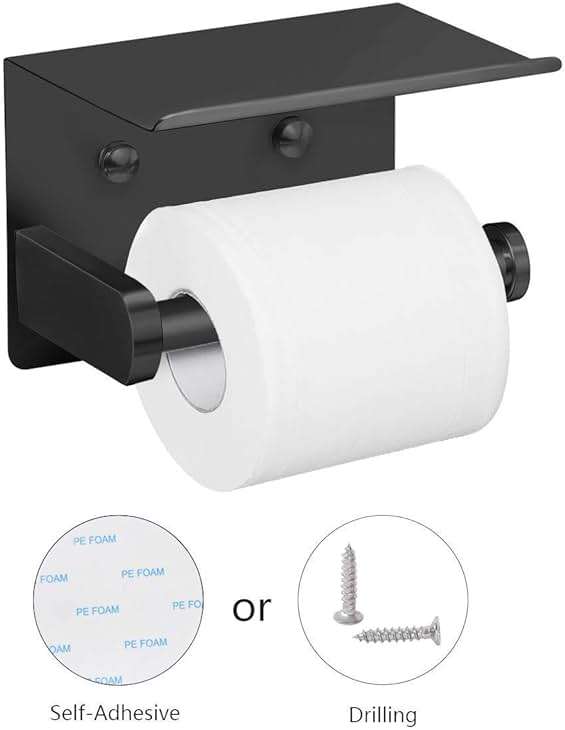 VAEHOLD Self Adhesive Toilet Paper Holder with Phone Shelf Stainless Steel Wall Mounted Toilet Paper Roll Holder - Rustproof and Bathroom Washroom Tissue Roll Holder with Shelf - Black - Image 4