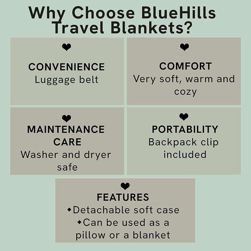 BlueHills 2-Pack Premium Soft Travel Blanket Pillow Airplane Blanket in Soft Bag Pillowcase with Hand Luggage Belt and Backpack Clip, Compact Pack Large Blankets for Any Travel Royal Blue T015 - Image 6
