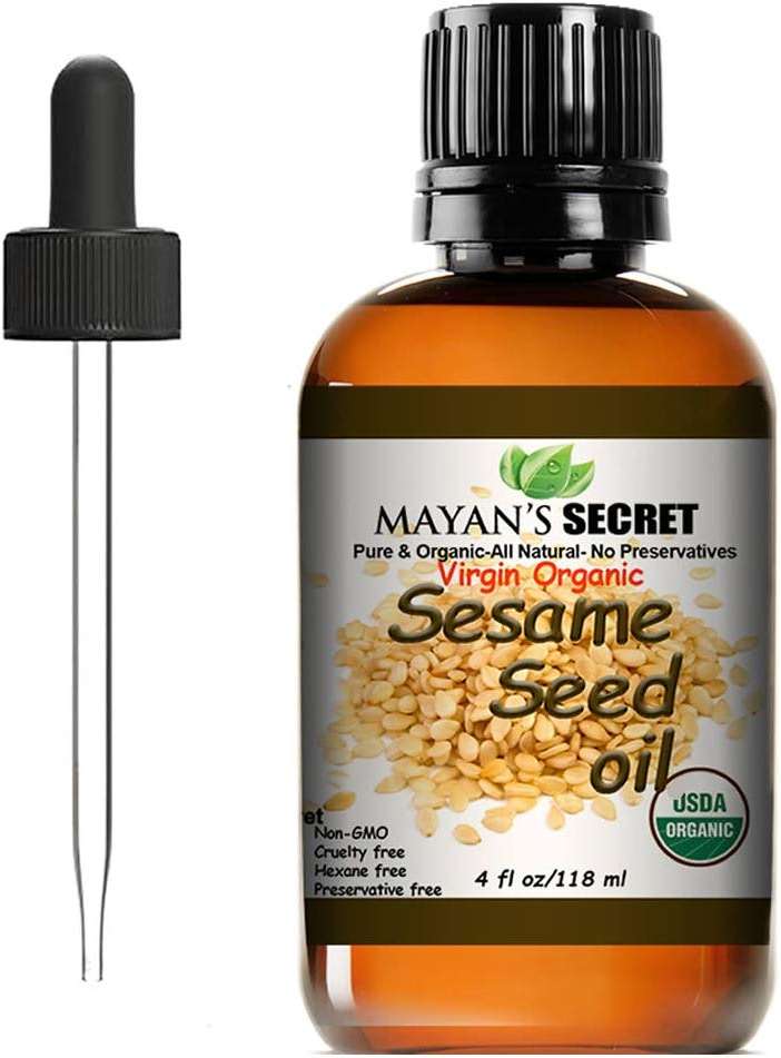 Mayan’s Secret Organic Sesame Oil - Cold Pressed, Unrefined, Hexane-Free and Organic Sesame Seed Oil for Skin, Body, Face & Hair – 100% Pure - Amber Glass Bottle, 4 fl. oz. - USDA Certified - Image 1