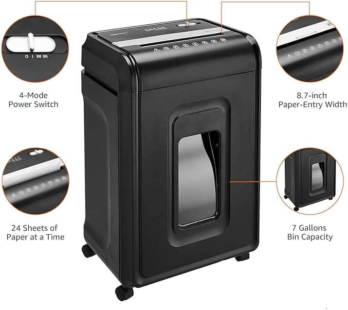 Amazon Basics 24 Sheet Cross Cut Paper, CD and Credit Card Home Office Shredder with Pullout Basket, Black - Image 8