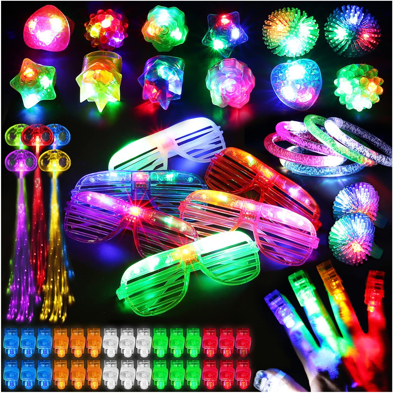 78PCs LED Light Up Toy Party Favors/Supplies Bulk Glow In The Dark For Adult Kids Birthday Halloween With 50 Finger Light, 12 Jelly Ring, 6 Flashing Glasses, 5 Bracelet, 5 Fiber Optic Hair Light - Product Image