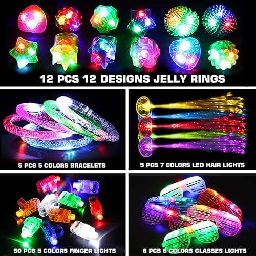 78PCs LED Light Up Toy Party Favors/Supplies Bulk Glow In The Dark For Adult Kids Birthday Halloween With 50 Finger Light, 12 Jelly Ring, 6 Flashing Glasses, 5 Bracelet, 5 Fiber Optic Hair Light - Image 4