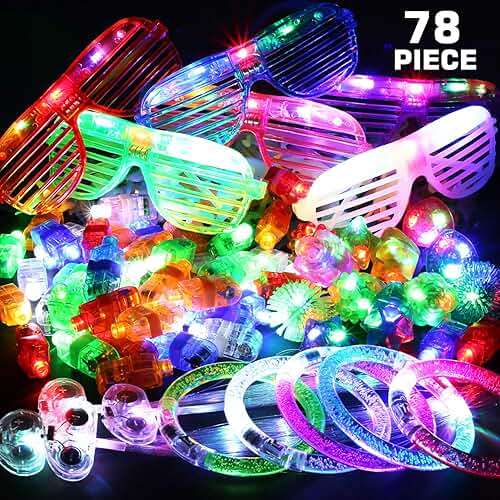 78PCs LED Light Up Toy Party Favors/Supplies Bulk Glow In The Dark For Adult Kids Birthday Halloween With 50 Finger Light, 12 Jelly Ring, 6 Flashing Glasses, 5 Bracelet, 5 Fiber Optic Hair Light - Image 6