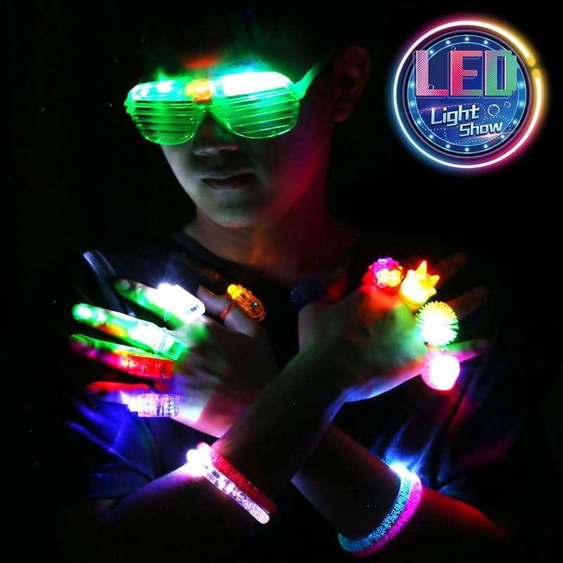 78PCs LED Light Up Toy Party Favors/Supplies Bulk Glow In The Dark For Adult Kids Birthday Halloween With 50 Finger Light, 12 Jelly Ring, 6 Flashing Glasses, 5 Bracelet, 5 Fiber Optic Hair Light - Image 7