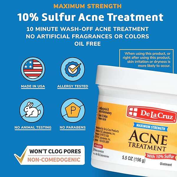 De La Cruz Sulfur Ointment - Cystic Acne Treatment for Face and Body - Daily 10 Min Spot Treatment Mask - Safe and Effective Game Changing Hormonal Acne Treatment that Clears Up Pimples 5.5 OZ. - Image 2