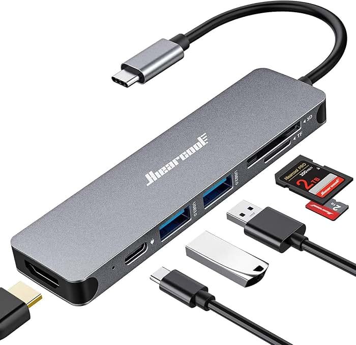 Hiearcool USB C Hub for MacBook – 7-in-1 USBC Adapter with 4K HDMI, 100W PD, USB 3.0 5Gbps Ports, SD/TF Card Reader – USB-C Dongle for Office, Meetings, Travel & Home Setup-Space Grey - Product Image