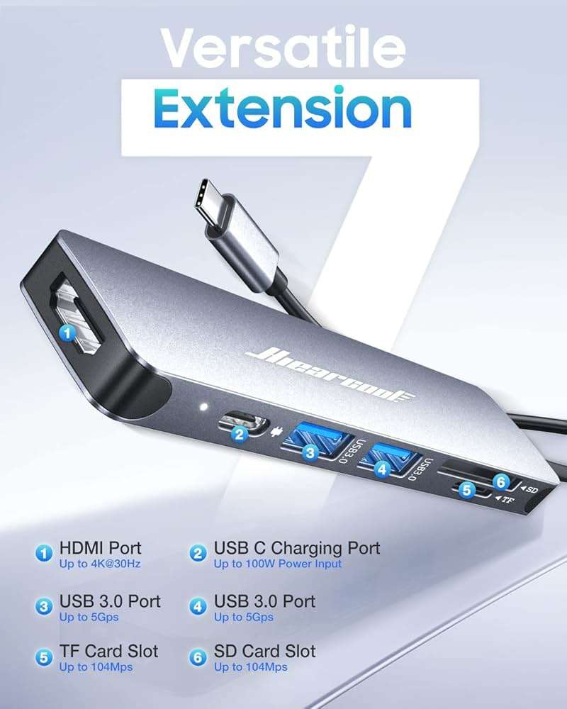 Hiearcool USB C Hub for MacBook – 7-in-1 USBC Adapter with 4K HDMI, 100W PD, USB 3.0 5Gbps Ports, SD/TF Card Reader – USB-C Dongle for Office, Meetings, Travel & Home Setup-Space Grey - Image 2