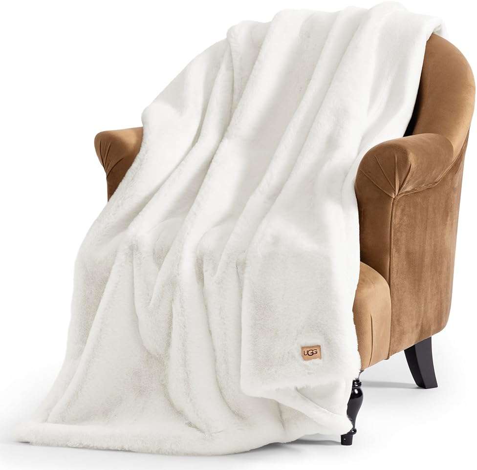 UGG Euphoria Faux Fur Throw Blanket, Warm Fluffy for Couch or Bed, Luxury Bedroom Decor, Blankets, Machine Washable, 50-inch x 70-inch, White Snow - Image 1