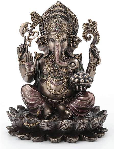 Veronese Design 9 7/8 Inch Lord Ganesha Sitting on Lotus Hindu God Antique Bronze Finish Resin Statue - Image 1