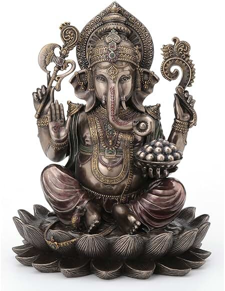 Veronese Design 9 7/8 Inch Lord Ganesha Sitting on Lotus Hindu God Antique Bronze Finish Resin Statue - Product Image