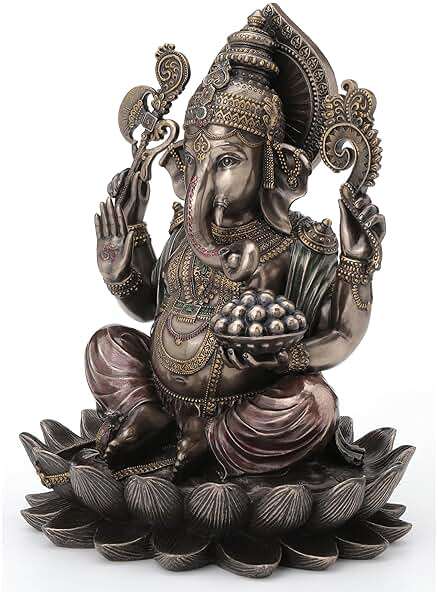 Veronese Design 9 7/8 Inch Lord Ganesha Sitting on Lotus Hindu God Antique Bronze Finish Resin Statue - Image 3