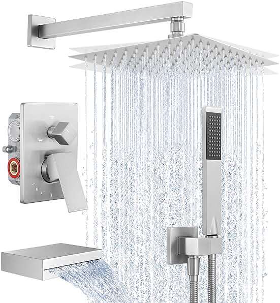 KES Bathtub Shower Faucet Set with Waterfall Tub Spout Shower System 3-Function Shower Faucets Sets Complete with 10 Inch Rain Shower Head, XB6305F18-BN - Image 1